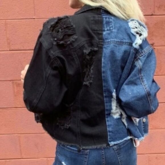 Uniq by Litz Luxe Blue Jean Jacket DENIM  BLACK Distressed Jacket S - Picture 3 of 15